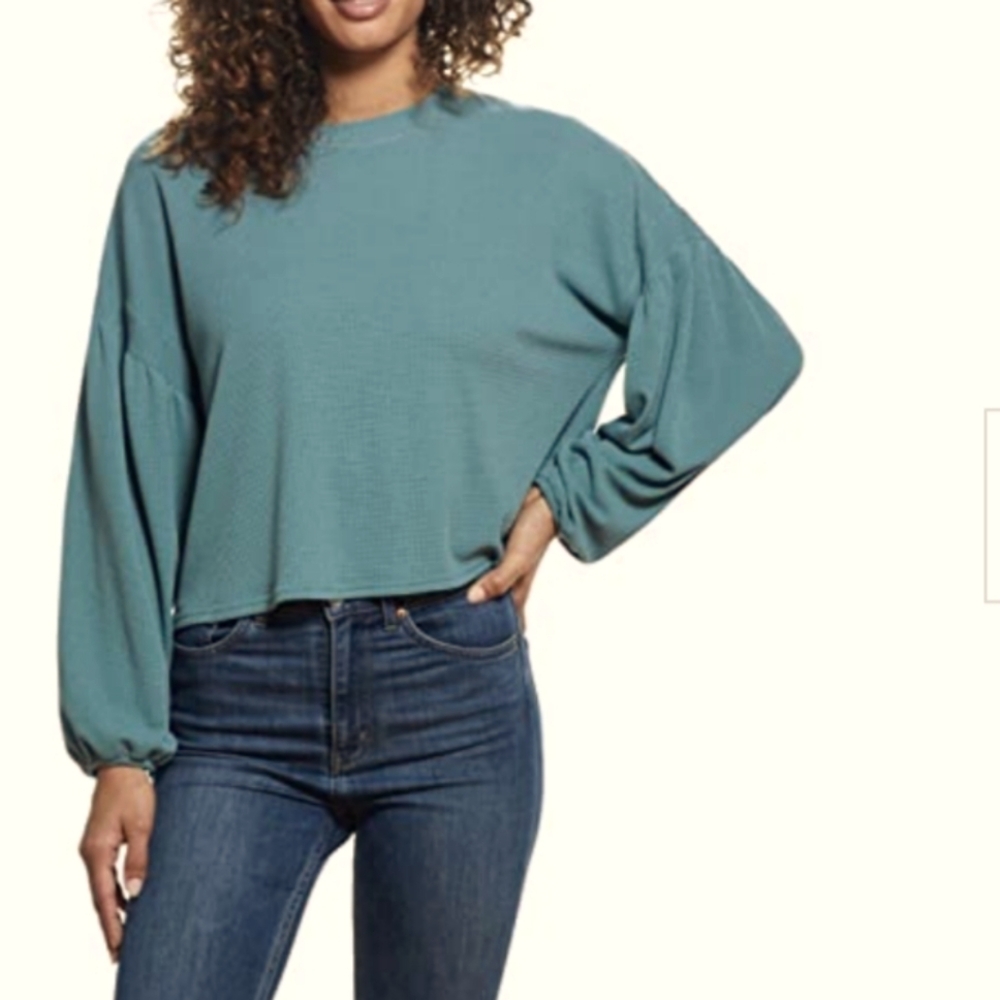 Weatherproof Vintage Womens Waffle Crewneck Pullover Top Medium Storm. green